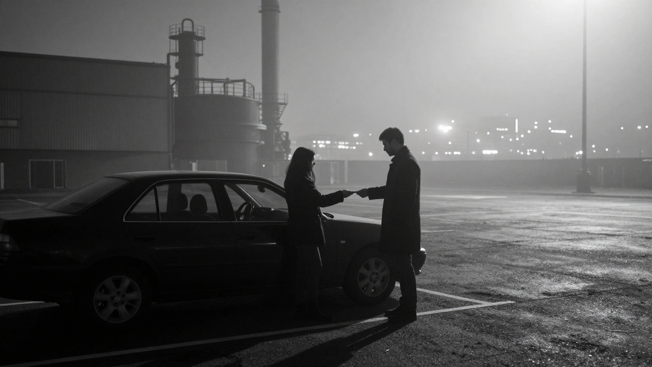 A clandestine cash exchange in a foggy industrial parking lot at dawn.
