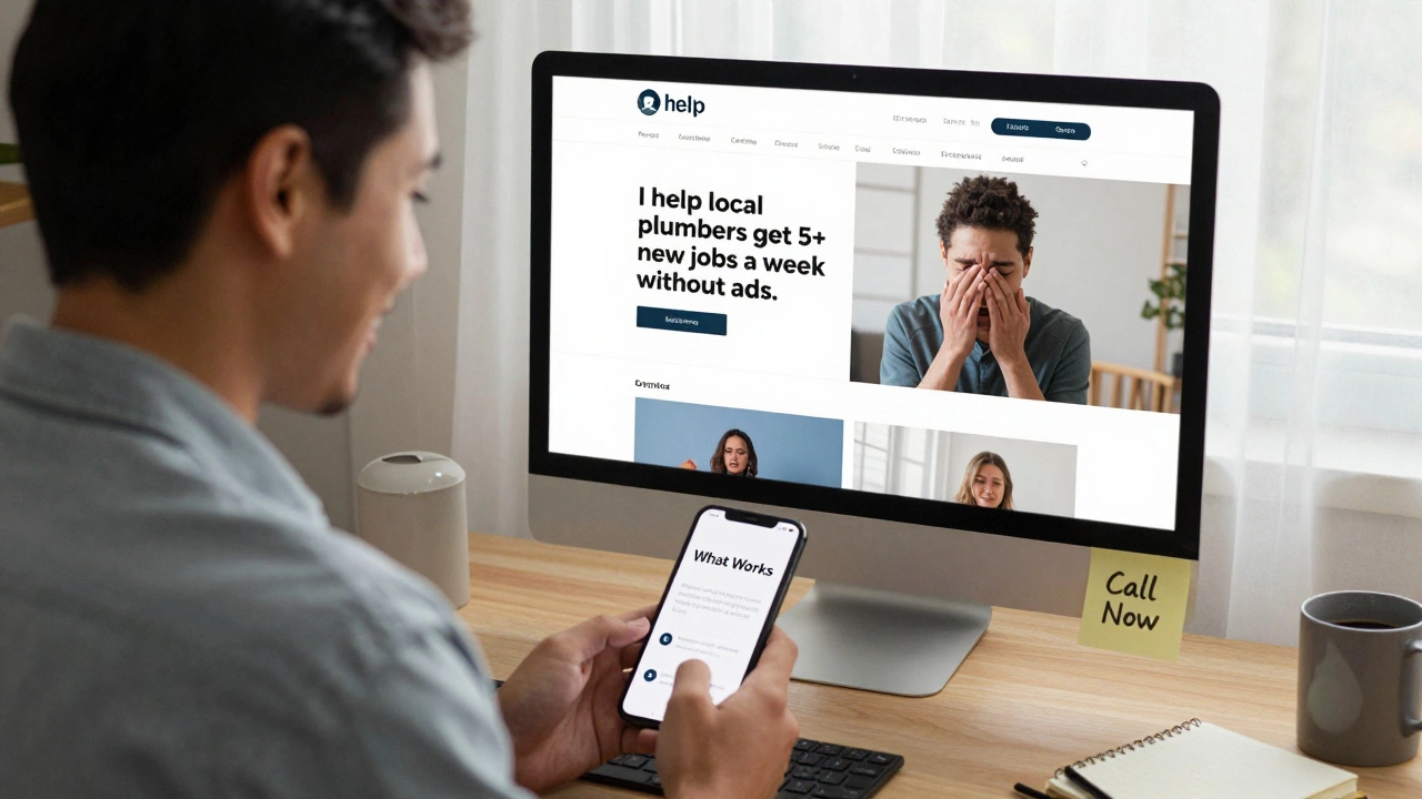 A person sending a text message in a home office, with a simple landing page and video testimonial on screen.