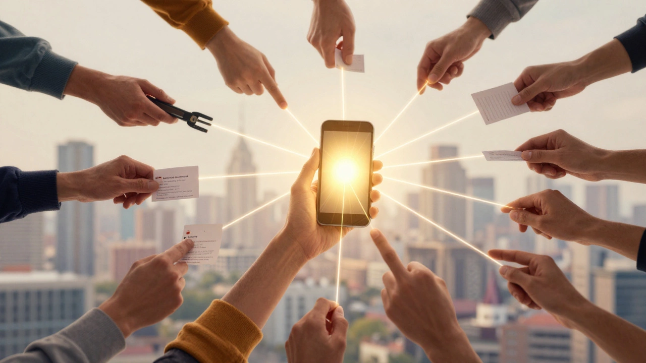 A ringing phone emitting golden light connected to twelve hands representing referrals, reviews, and trust.