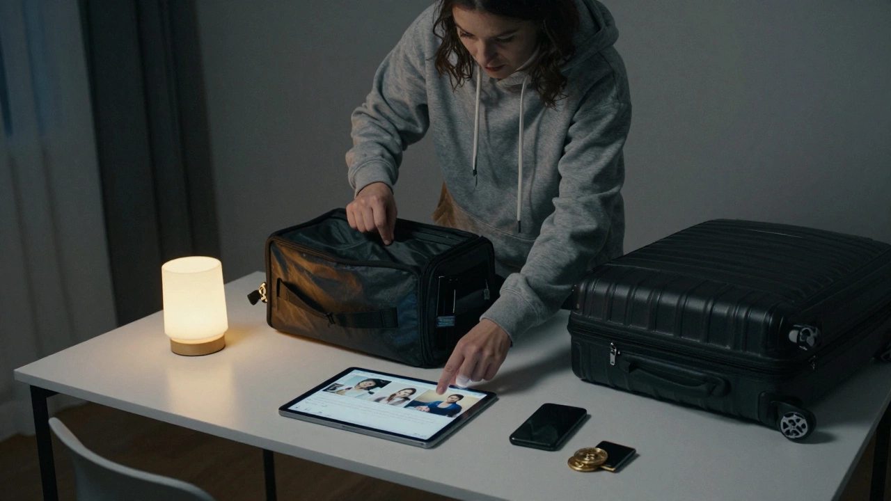A woman deleting photos and packing essentials in a dimly lit apartment.